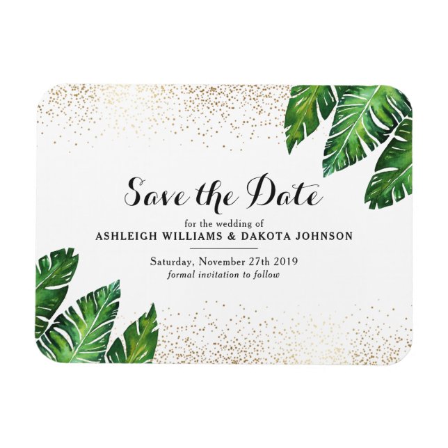 Palm Leaves & Gold Confetti on White Save The Date Magnet (Horizontal)