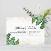 Palm Leaves & Gold Confetti on White Wedding Invitation (Standing Front)