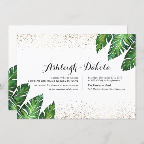 Palm Leaves & Gold Confetti on White Wedding Invitation - Create your own "Palm Leaves & Gold Confetti on White Wedding" invitations by Eugene Designs.
Please note that the gold confetti is a digital effect.