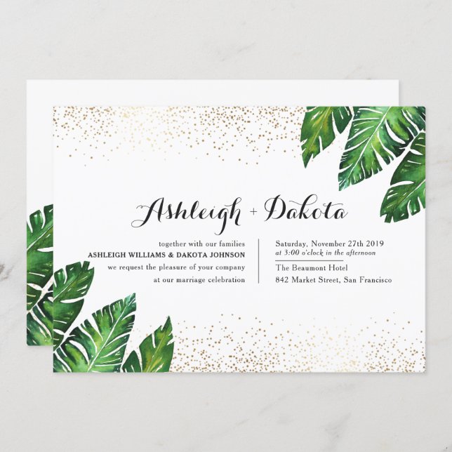 Palm Leaves & Gold Confetti on White Wedding Invitation (Front/Back)