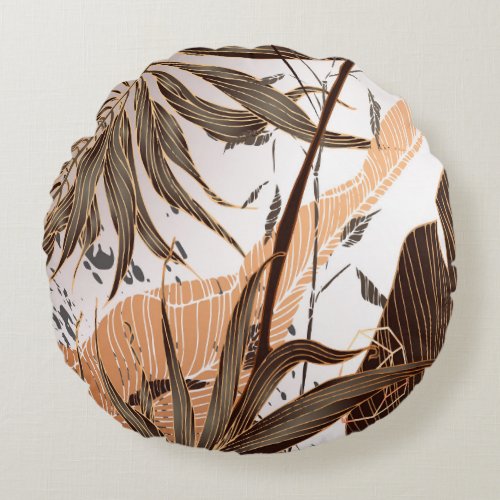 Palm Leaves Gold Marble Design Round Pillow