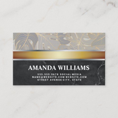 Palm Leaves  Gold Silver Metal  Black Marble Business Card