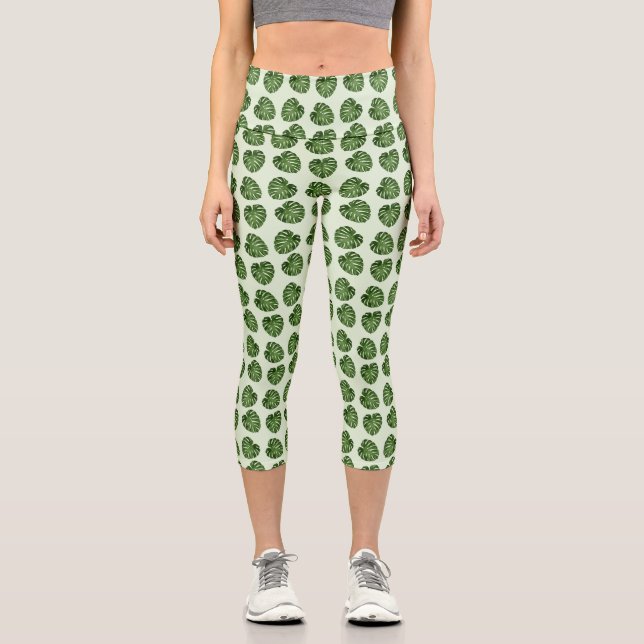 Palm Leaves, Green Leaves, Tropical Pattern Capri Leggings (Front)