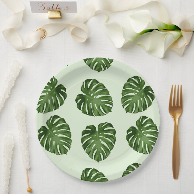 Palm Leaves, Green Leaves, Tropical Pattern Paper Plates (Wedding)