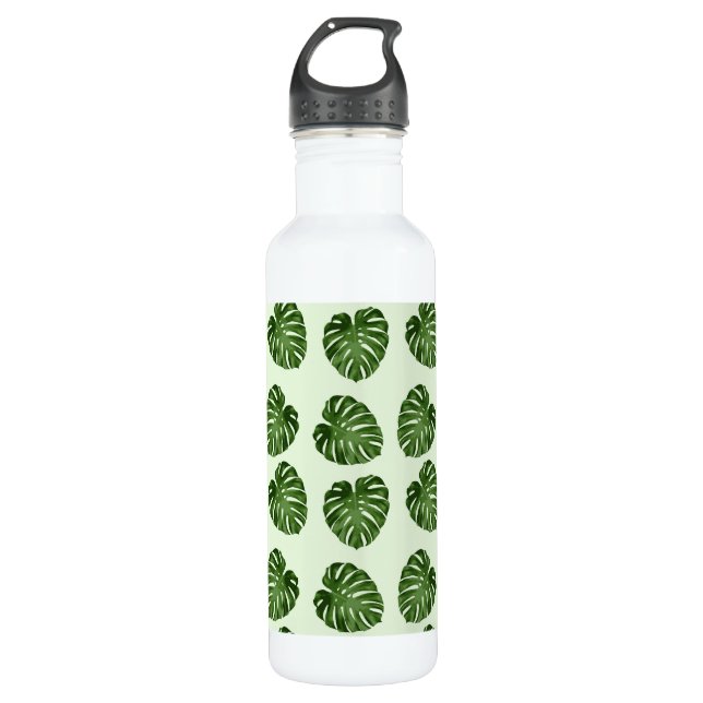 Palm Leaves, Green Leaves, Tropical Pattern Stainless Steel Water Bottle (Front)