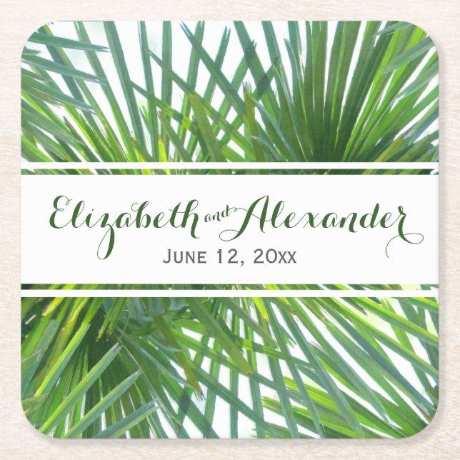 Palm Leaves Green Names and Date Wedding Coaster (Front)