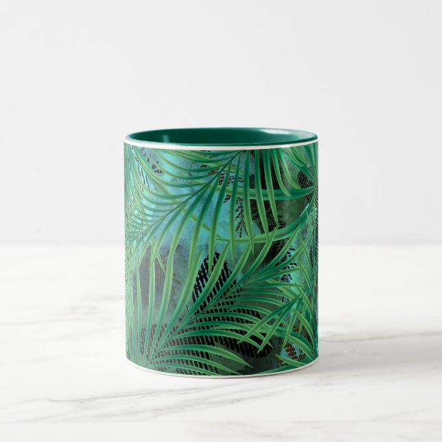 Palm leaves, green, tropical Two-Tone coffee mug (Center)