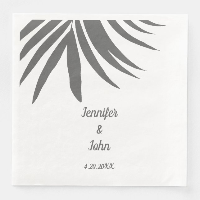 Palm Leaves Grey White Custom Tropical Wedding Paper Dinner Napkins (Front)