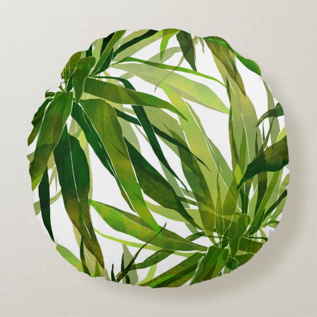 Palm Leaves Hand Painted Pattern Round Pillow (Front)