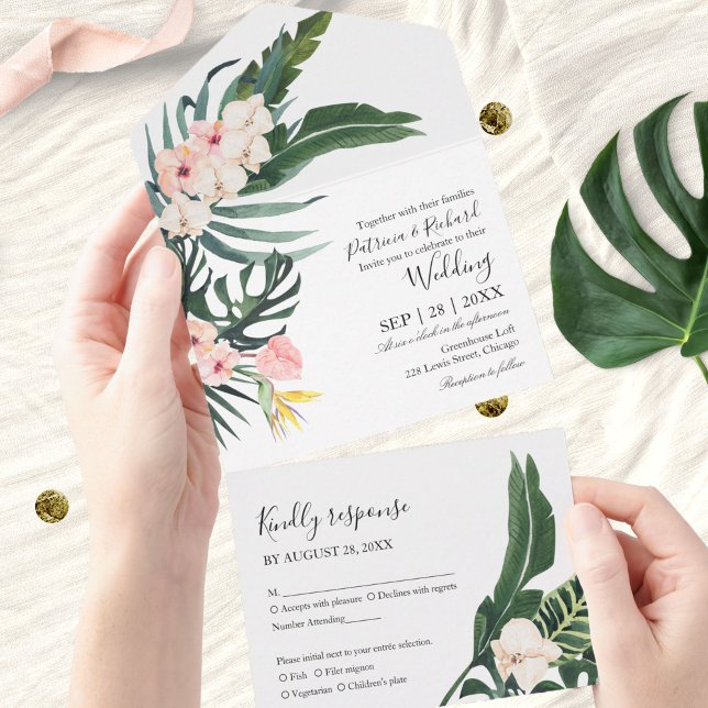 Palm Leaves Hibiscus Tropical Elegant Wedding All In One Invitation (Creator Uploaded)