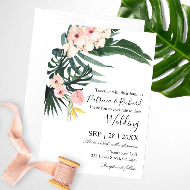 Palm Leaves Hibiscus Tropical Elegant Wedding Invitation (Creator Uploaded)
