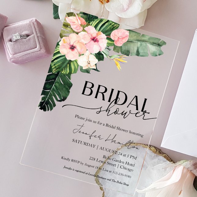 Palm Leaves Hibiscus Tropical Floral Bridal Shower Acrylic Invitations (Creator Uploaded)