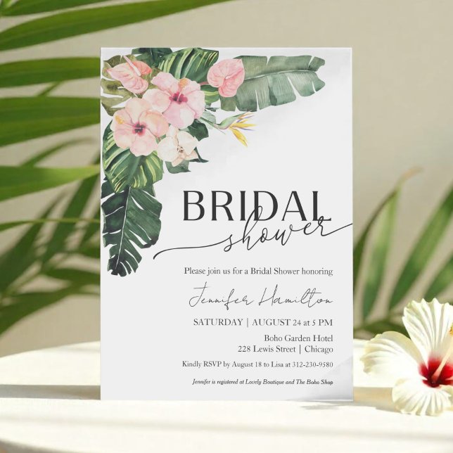 Palm Leaves Hibiscus Tropical Floral Bridal Shower Invitation (Creator Uploaded)