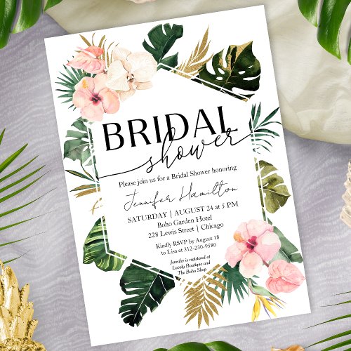 Palm Leaves Hibiscus Tropical Floral Bridal Shower Invitation