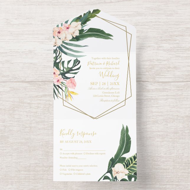 Palm Leaves Hibiscus Tropical Geometric Wedding All In One Invitation (Inside)