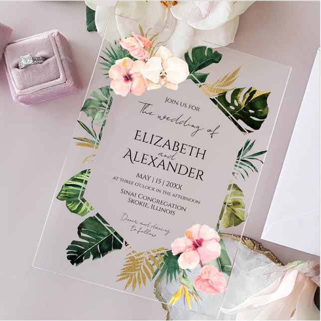 Palm Leaves Hibiscus Tropical Greenery Wedding Acrylic Invitations (Creator Uploaded)