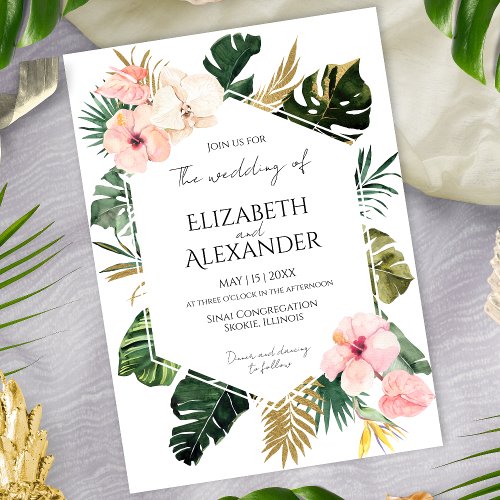 Palm Leaves Hibiscus Tropical Greenery Wedding Invitation