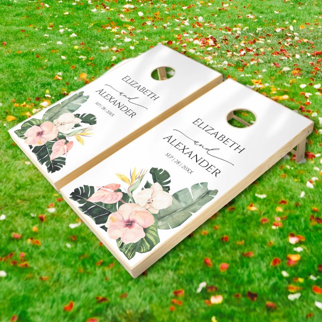 Palm Leaves Hibiscus Tropical Wedding Cornhole Set (Creator Uploaded)