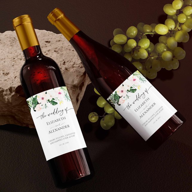 Palm Leaves Hibiscus Tropical Wedding Wine Label (Creator Uploaded)