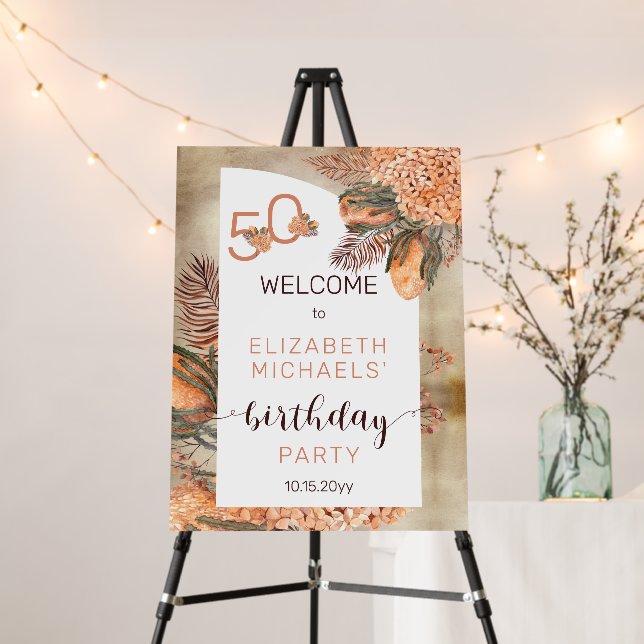 Palm Leaves | Hydrangea Blooms 50 Birthday Welcome Foam Board (In Situ (Stand))