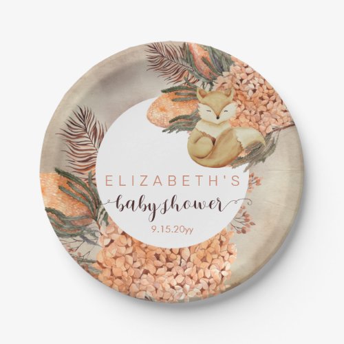 Palm Leaves Hydrangea Blooms Fox Girl Baby Shower  Paper Plates
