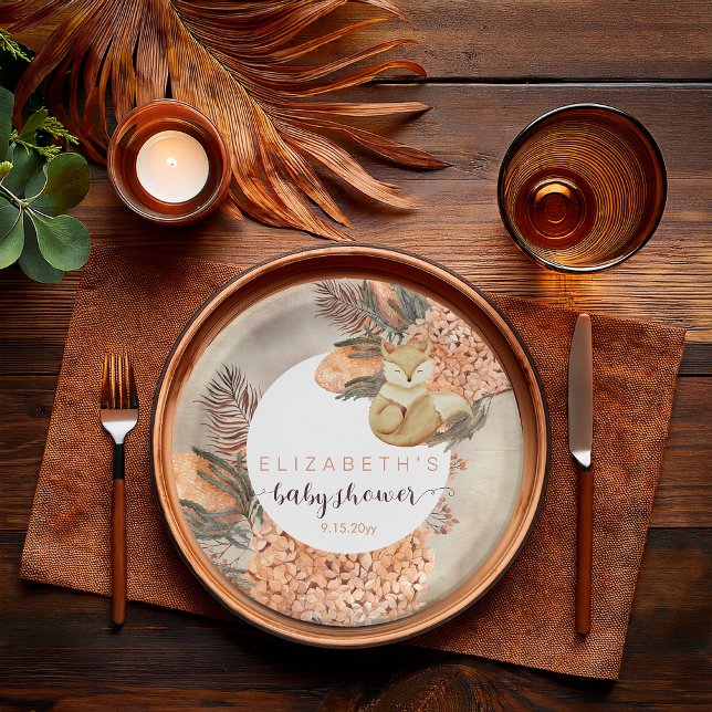 Palm Leaves Hydrangea Blooms Fox Girl Baby Shower  Paper Plates (Boho Palm Leaves and Hydrangeas Sleeping Fox Girl Baby Shower Paper Plates)
