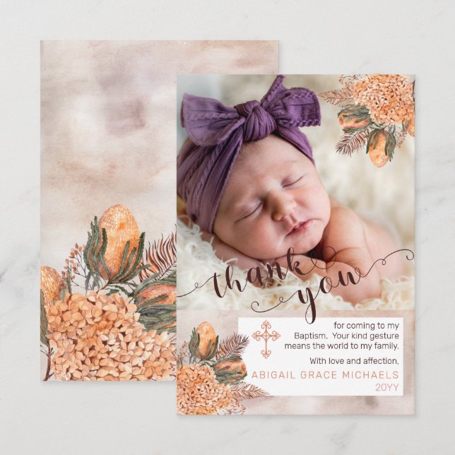 Palm Leaves Hydrangea Girl Photo Baptism Thank You Card (Front/Back)