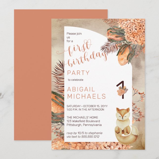 Palm Leaves | Hydrangeas Fox 1st Birthday Party In Invitation (Front/Back)