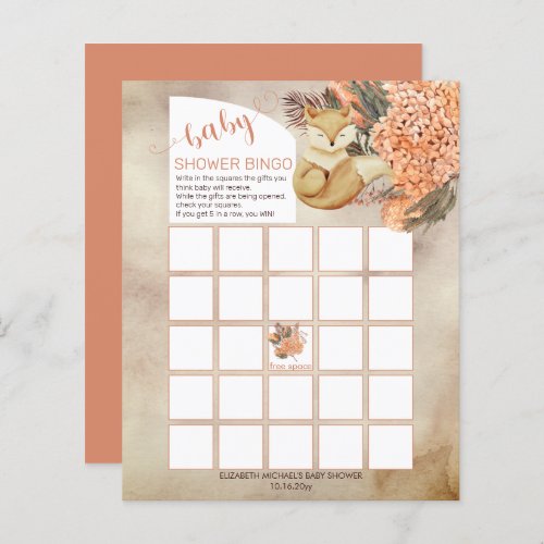 Palm Leaves Hydrangeas Fox Baby Shower Bingo Card