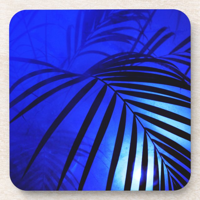 Palm leaves in the moonlight modern tropical blue beverage coaster (Front)
