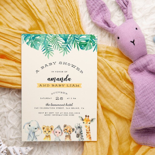 Palm Leaves & Jungle Animals Modern Baby Shower Invitation Postcard