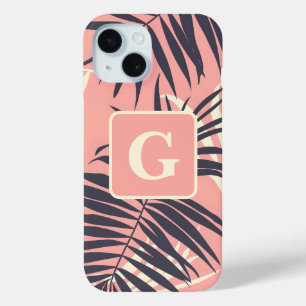 palm leaves light pink personalized monogram iPhone 15 case
