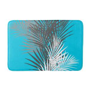 Palm leaves, modern, teal, grey, white bath mat