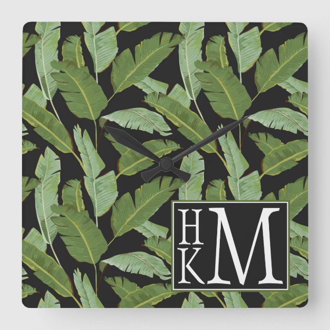 Palm Leaves | Monogram Square Wall Clock (Front)