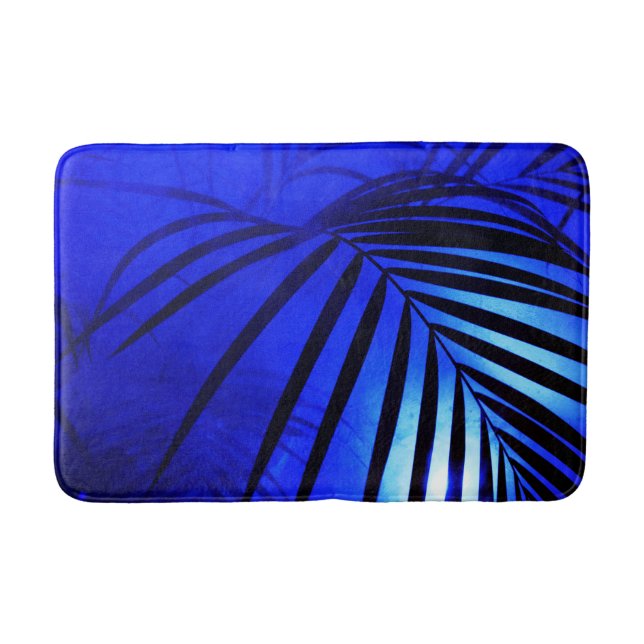 Palm leaves moonlight modern tropical blue black bath mat (Front)