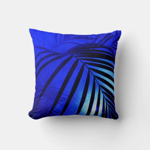 Palm leaves moonlight modern tropical blue black throw pillow