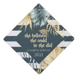 Palm Leaves Navy Blue Stripes Graduation Cap Topper