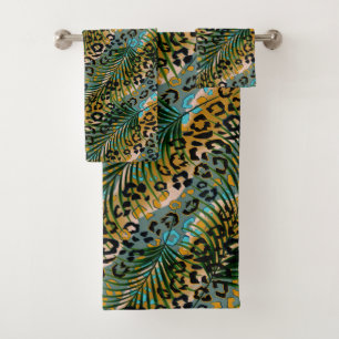 Palm leaves on a leopard background. bath towel set
