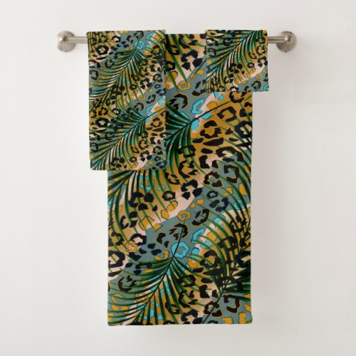 Palm leaves on a leopard background bath towel set