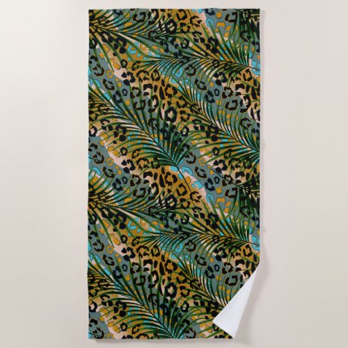 Palm leaves on a leopard background beach towel