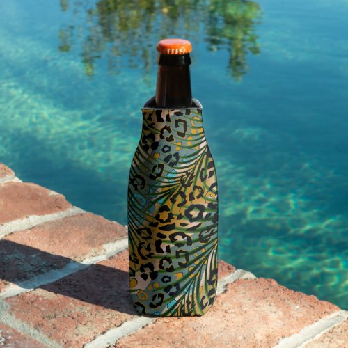 Palm leaves on a leopard background  bottle cooler