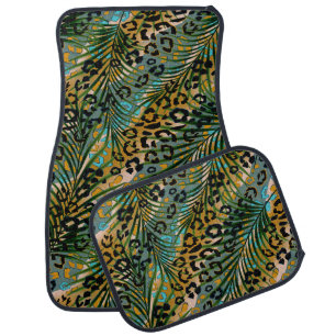 Palm leaves on a leopard background. car floor mat