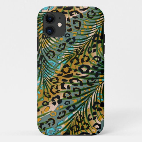Palm leaves on a leopard background  iPhone 11 case