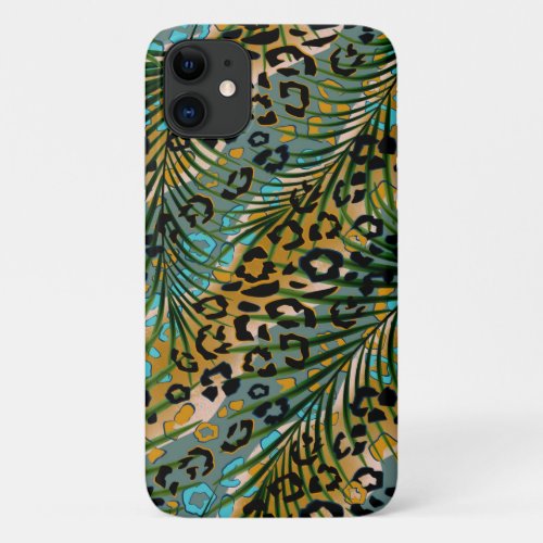 Palm leaves on a leopard background  iPhone 11 case
