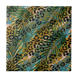 Palm leaves on a leopard background. ceramic tile