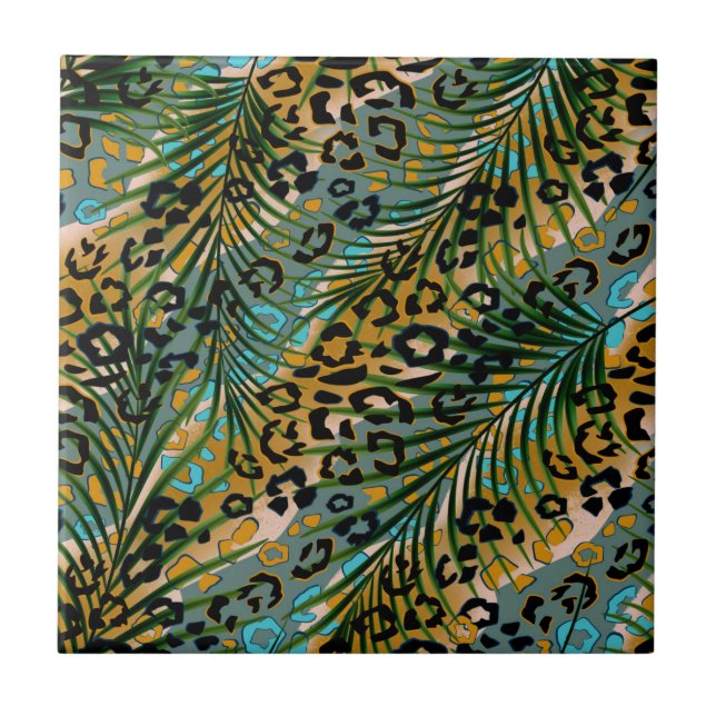 Palm leaves on a leopard background.  ceramic tile (Front)