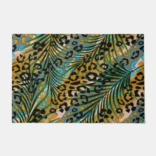 Palm leaves on a leopard background doormat