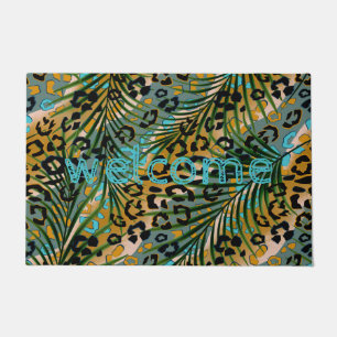 Palm leaves on a leopard background. doormat
