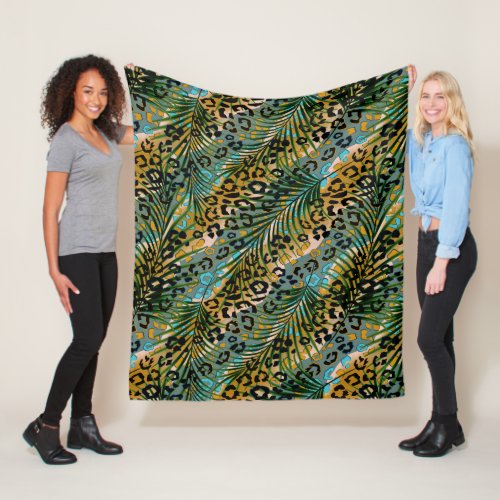 Palm leaves on a leopard background fleece blanket