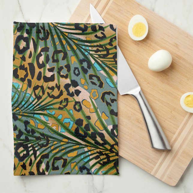 Palm leaves on a leopard background.  kitchen towel (Quarter Fold)
